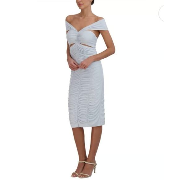 BCBGMAXAZRIA Baby Blue Ruched Bodycon Midi Dress Off-Shoulder Cut-Out S - Picture 1 of 5